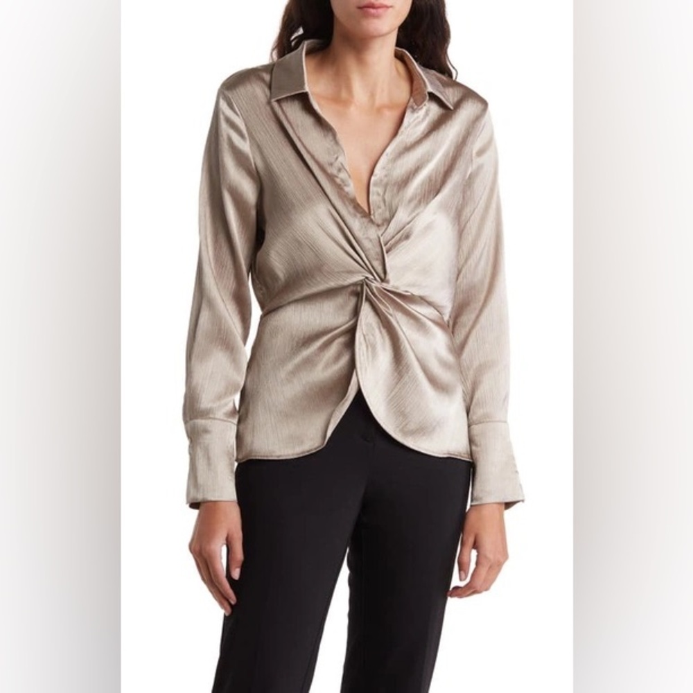 Pleione Champagne Satin Front Twist Peplum Blouse Size L
